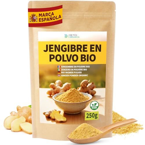 DETOX ORGANICA Jengibre Orgánico en Polvo 250g – 100% Puro y Natural – Raíz de Jengibre Molida – Sabor Intenso – Bolsa Resellable–Ideal para Infusiones, Cocina, Batidos | Refuerza el Sistema Immune