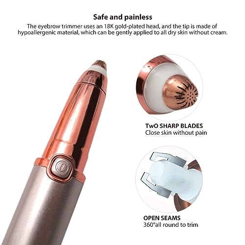 360° All-Round Eyebrow Trimmer, Female Rechargeable Eyebrow Trimmer Portable Eyebrow Razor for Face, Lips, Nose and Facial Hair with Two Extra Eyebrow Brushes (Rose Gold)
