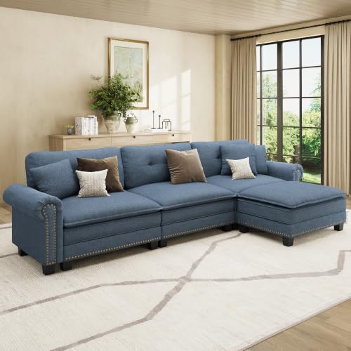 Image of HERA'S HOUSE 116 inch Oversized L Shaped Modular Sectional Couch Living Room | Mid-Century Modern 4-Seater Cloud Sofa, Blue, Rolled Arms & Nailhead Trim, Wider & Deeper Seats, Ottoman, Linen