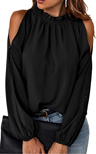 CCTOO Womens Tops Dressy Casual Cold Shoulder Ruffle Collar Blouses Fall Fashion Shirts for Work 199Black Medium