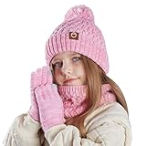 Kinder-Wintermütze, Schal und Handschuhe, warme Thermo-Strickmütze, Halswärmer, Touchscreen-Handschuh mit weichem Fleecefutter, für Mädchen und Jungen, Alter 4–10 Jahre, rose, Einheitsgröße