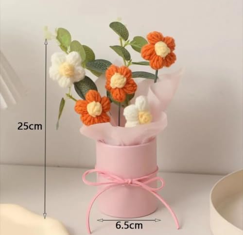 Image of Artificial Crochet Flower Bouquet Handmade Cotton Flowers Bunch for Home Decor, Gift for Girls, Wedding, Festival Decoration, Long Lasting Floral Arrangement (Flower Pot (Red))
