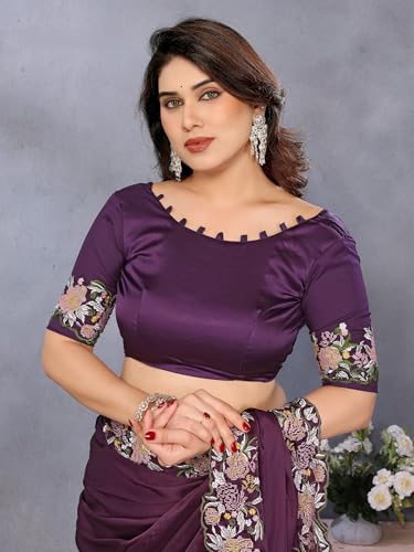 Image of Pandadi Saree Women's Satin Embroidery Work Saree With Unstitched Blouse Piece