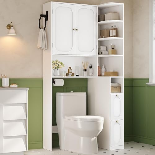 7-Tier L-Shaped Wooden Over the Toilet Storage Cabinet with Doors, Modern Over Toilet Bathroom Organizer Shelf with 2 Large Drawers, Bathroom Over Toilets Storage Cabinet, Space Saver, White