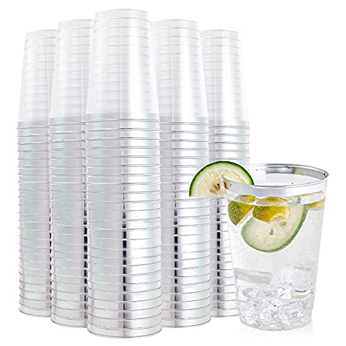 200 Pack 12 oz Silver Rimmed Plastic Cups, FOCUSLINE Clear Plastic Cups Tumblers, Heavy-duty & Fancy Disposable Hard Plastic Cups with Silver Rim for Wedding Cups Elegant Party Cups