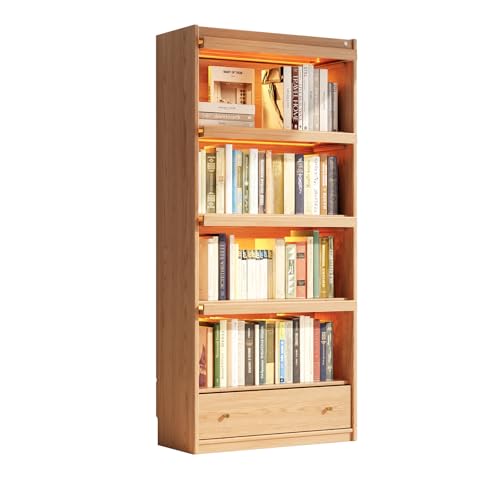 Image of AnywaysWood 73 inch H Tall Solid Wood Bookcase with Flip-Up Tempered Glass Doors and 3 Color Led Lights,4 -Tier Wooden Bookshelf with 1 Drawer,Display Cabinet Kitchen Pantry for Living Room,Office