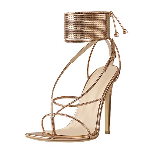 LISHAN Women s Lace Up Square Toe High Heels Crisscross Strappy Stiletto Heel Thong Sandals Fashion Gladiator Wedding Party Dressy Shoes Rose Gold Size 10