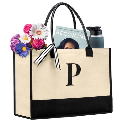 Salt Earth 100% Cotton Personalized Everyday Canvas Initial Tote Bag for Women, Monogrammed Large Utility Bag for Beach, Travel, Grocery, Best Gift For Birthday, Retirement, Bridesmaid & Friend (P)