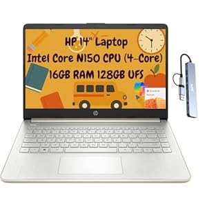 HP Laptop portátil delgada para estudiantes 2026, 14 pulgadas HD, Intel N150, 16 GB de RAM, 256 GB de almacenamiento (128 GB UFS + 128 GB microSD), 1 año Office 365 1TB Cloud, Wi-Fi 6, HDMI, estación