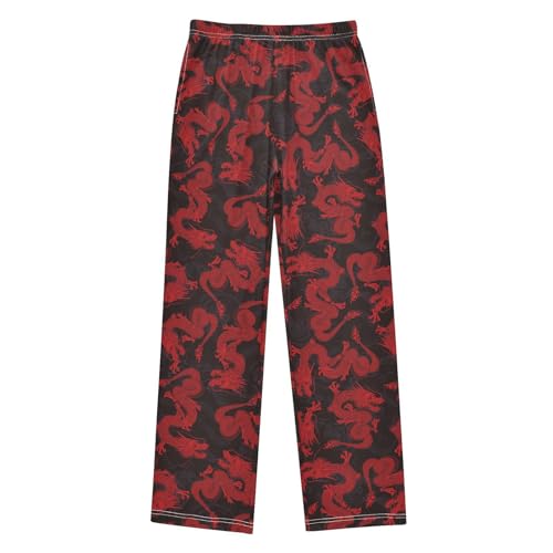 Red Dragon Boys Long Pants Soft Trousers Elastic Waist Kids Lounge Bottoms with Pockets S-XL