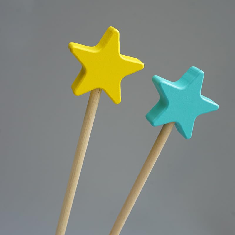 2 Pieces Wooden Star Fairy Wands Luxury Wooden Fairy Wand Stick Wooden Craft Wands DIY Fairy Wands for DIY Handmade Christmas Halloween Party Cosplay, 13.8 Inches, Blue, Yellow