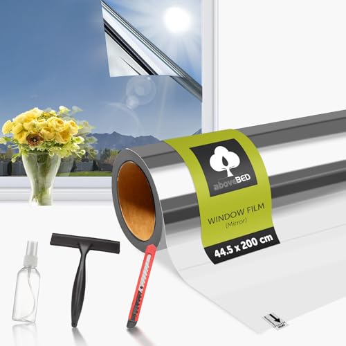 aboveBED Spiegelfolie Fenster Sichtschutz 44,5x200cm – Selbstklebende Fensterfolie Sonnenschutz für Innen & Außen, UV-Schutz & Hitzeschutz, Silber, ideal für Schlafzimmer & Büro