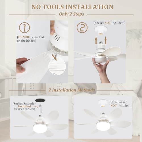 20.5Socket Fan Light with Remote,E26 Base 40W/3000-6000K Dimming | Portable Small Screw in Ceiling Fan with Light Bulb for Bedroom,Kitchen,Garage,3Color Modes,1900LM 8-Level Dimming Brightness