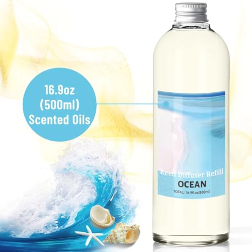 Image of STRN Ocean Reed Diffuser Refill 500ml with 6 Natural Reed Sticks, Premium Refills Aromatherapy for Home, Long-Lasting Fragrance for Living Room, Bedroom, Office | Alcohol-Free