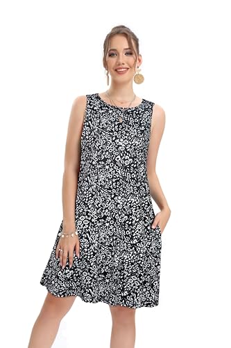 Image of elescat Women's Summer Dresses 2026 Beach Casual Sleeveless Floral Print Tank Loose Sundress with Pocket