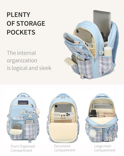 Image of Backpack for School Girls, 3Pcs Kids Cute Bookbag with Lunch Box Pencil Pouch, Student Pack Fits 15.6 Inch Laptop for Teens bag for Kindergarten Elementary Preschool Middle School, Blue Tartan