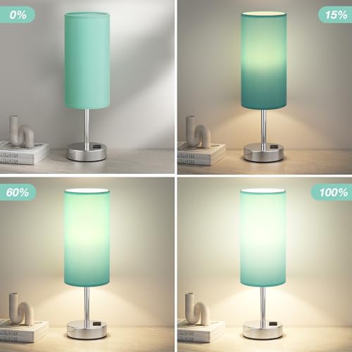 Teal Touch Bedside Lamps for Bedroom - Small Coastal Nightstand Lamp with USB-C and USB A Charging Ports, 3 Way Dimmable Control Table Lamp for Office, Dorm with Fabric Shade Silver Base - Image 2