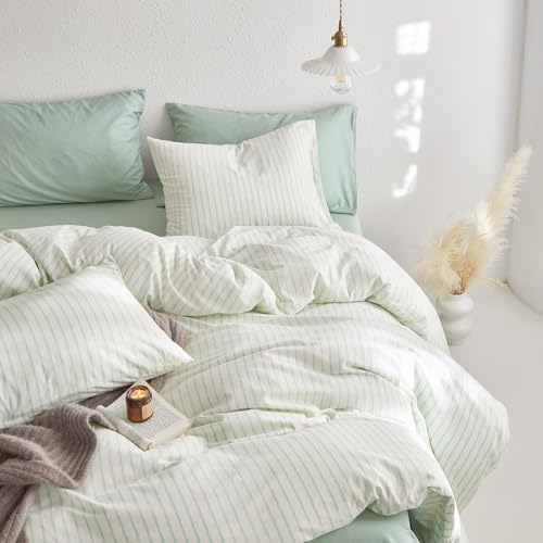 Image of Wake In Cloud - Striped Cotton Duvet Cover Set, Ticking Stripe Vertical Pinstripe Farmhouse, 100% Washed Cotton Textured Bedding Set, 3 Pieces, Aqua White, Full Size