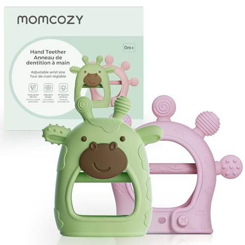 Image of Momcozy Baby Teether Toys | Food Grade Silicone Teething Relief 0-6 Months | Toy 6-12 Months | Baby Essential | Green and Pink