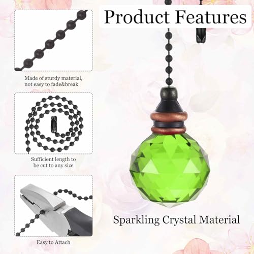 Image of MECCANIXITY 2Pack Ceiling Fan Pull Chain, 12 Inch Decorative Ornaments Crystal Pendant Pull Chain Extension for Ceiling Fans Light Lamp, Green