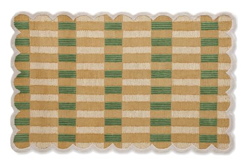 Image of Hand-Tufted Wool Area Rug with Scalloped Edges, Beige and Green Plaid Pattern, Cozy and Soft Accent Rug for Living Room, Bedroom, and Nursery, Handmade Decorative Rug, 1x1 Ft (Sample)