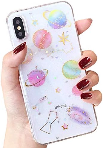 Clear Case for iPhone XR, Handmade Glitter Bling Sparkle Design with Gold Moon Stars Slim Soft TPU Case Compatible with iPhone XR 6.1 Inch