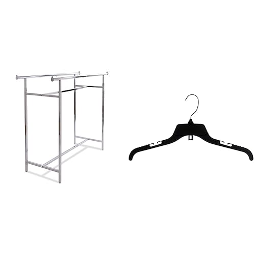 Econoco Estante rectangular cromado ajustable con barra doble + perchas de plástico negro reciclado Mainetti (paquete de 100)