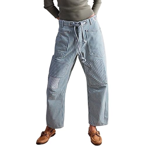 fanmpghleoo Barrel Jeans Women Drawstring Striped Patchwork Pants Tie Waist Wide Leg Jeans Trendy Horseshoe Denim Sweat Pants