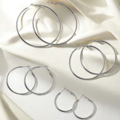 4 Pairs Stainless Steel 30/40/50/60 mm Silver 14K Gold Plated Hoop Earrings for Women Hypoallergenic Big Thin Lightweight Dangle Set4