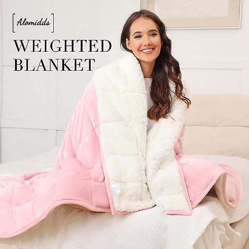 Image of Alomidds Weighted Blanket Queen Size 15lbs 60x80 inches, Sherpa Weighted Blankets for Adults,Fluffy Warm Sherpa & Cozy Soft Flannel Thick Heavy Blanket for All-Season with Glass Beads, Pink