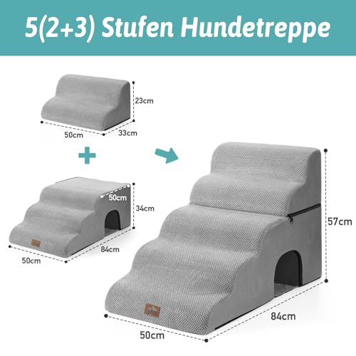 COZY KISS Hundetreppe für Kleine Hunde, Haustiertreppe für Hochbett aus Hochdichtem Schwamm, Hunde Treppe Hunderampe mit Waschbarem Bezug (Grau, 84 × 50 × 57 cm, 5)