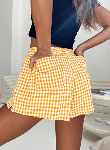 Image of Chunoy Women's Plaid Boxer Shorts Summer Casual Gingham Pajama Bottoms Short with Pockets