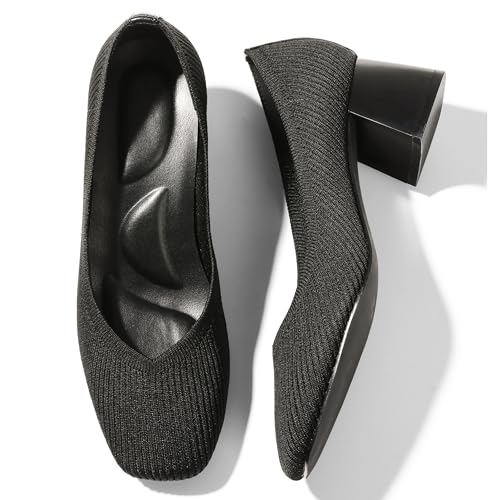 CELNEPHO Women’s Pumps Chunky Low Block Heel Closed Toe Comfortable Dress Pumps Knit Shoes Arch Support Slip On Wedding Shoes Casual Office