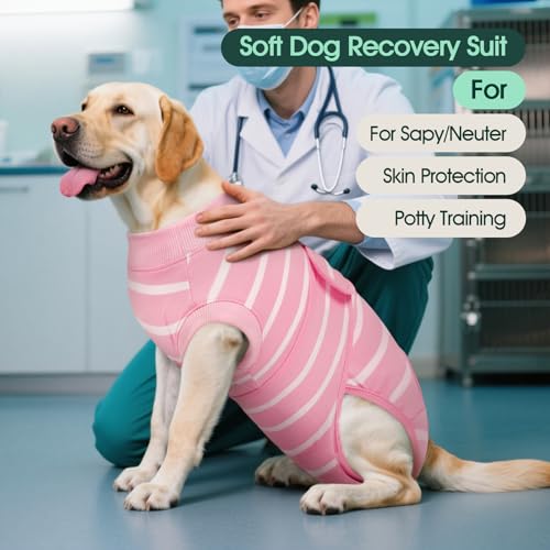 Image of Kuoser Dog Surgery Recovery Suit, Soft Breathable Dog Recovery Suit for Female Spay Male Nueuter, Anti Licking Puppy Onesie Pet Surgical Suit for Dogs Abdominal Wounds Skin Disease, Pink Strips L