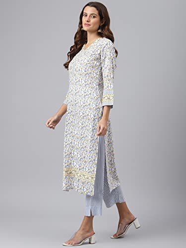Image of GoSriKi Women's Cotton Blend Straight Printed Kurta with Pant & Dupatta (Mulhar STY-GO)