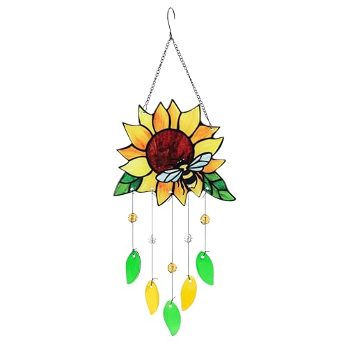 MYCRLIFE Stained Glass Suncatcher, Sunflower and Ladybug Window Hanging, 20 x 8 inches, Hand-Painted (Style 2)
