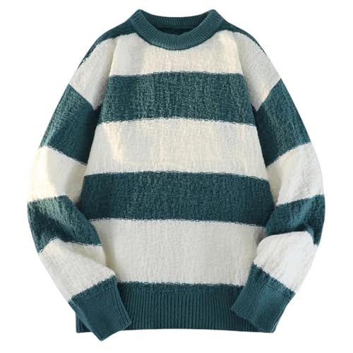 Men's Pullover Sweaters Long Sleeve Round Neck Loose Stripe Casual Pullovers Warm Knitted Sweater