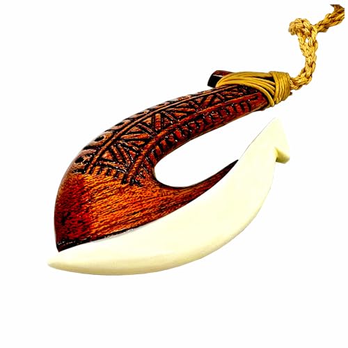 Hawaiian Jewelry Handmade Tattoo Koa Wood and Buffalo Bone Hawaii Fish Hook Pendant Necklace3