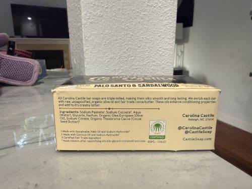Image of Carolina Castile Soap Palo Santo & Sandalwood Bar Soap - Triple Milled for a Smooth, Silky Lather - Made with Unsaponified Olive Oil & Fair-Trade Cocoa Butter for a Soft, Daily Wash - 5 oz