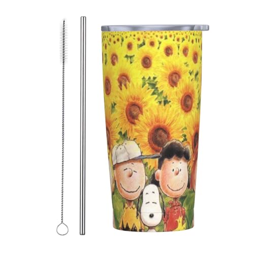 スヌーピー ひまわり ストロー&ストローブラシ付き マグカップ コーヒーカップ 600ML コンビニカップ タンブラー ステンレス製 保冷 保温 車用 蓋付き 持ち運び 水筒 大容量 直飲み 人気 プレゼント Straw Two-Piece Set