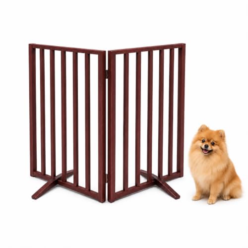 Japard Dog Gate 2 Panels - Foldable Indoor Wood Fence Freestanding with Support Feet 24 Tall 35.4 Wide Small Pets Cats Rabbits Puppy Lightweight 4 lbs Cherish Brown Mahogany Finish