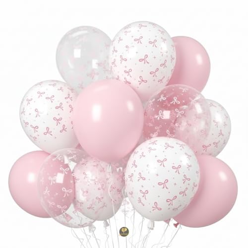 Image of AFTERLOON Biodegradable Natural Rubber Latex 35 pcs Pastel Pink Clear White with Small Ribbon Bow Printed 12 Inch Set, Plastic-Free Alternative Thickened Extra Strong Latex Helium Float Garland Arch