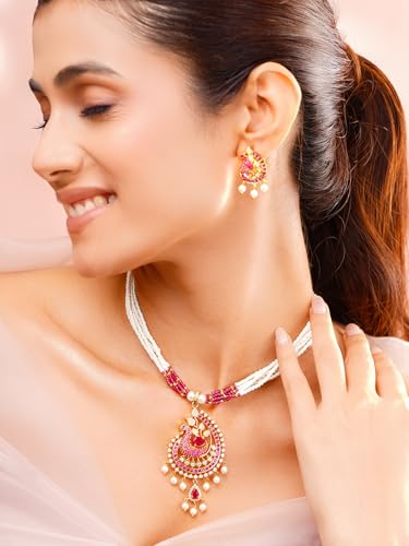 Image of Rubans Pearl Long Necklace Set Gold Plated Traditional Stylish Jewellery Gift for Women & Girls