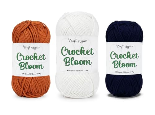Image of Craft Affair | Crochet Bloom Cotton Yarn 8ply (Each Color 2mm, 77Meter, 50Gram) 100% Pure Cotton | for Knitting Yarn | Craft & DIY Project: Rust, White, Navy