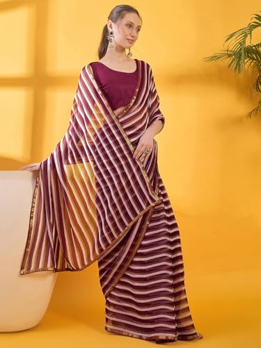 Image of SIRIL Women's Printed Chiffon Saree with Unstitched Blouse Piece