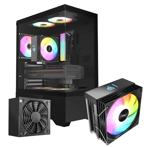 Image of Raidmax i802 Vibe Series ATX Mid Tower Gaming Case Bundle - Tempered Glass Side Panel, Includes 700W 80+ Power Supply, AM1204 Digital Display Air Cooler, and 5 Pre-Installed FRGB Fans (Black)