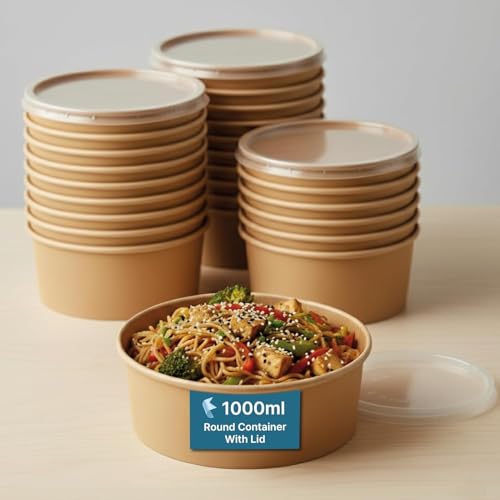 Image of Disposable Round Paper Containers with Lids | Takeout Containers for Hot /Cold Foods, Soup, Salad, Dessert, Pasta, Noodles | Microwavable, Leak-Proof Food Storage Containers- 1000ml, 15 Pack