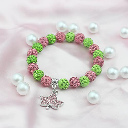 Sorority Gift for Women Greek Sorority Paraphernalia Bracelet Crystal Leaf Charm Bracelet Pink and Green Jewelry Sisterhood Gift2