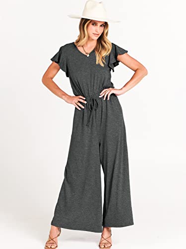 Anrabess Women's Summer Flutter Short Sleeve V Neck High Waist Casual Wide Leg Jumpsuit Rompers With Pockets 533Anhui-S #TOP2