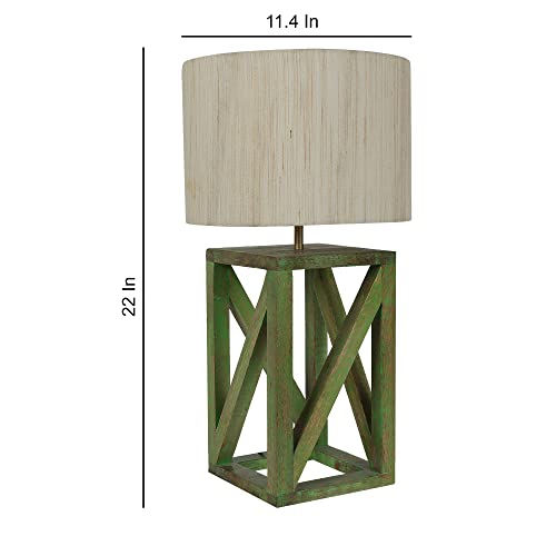 Image of tu casa Handcrafted Mango Wood Table Lamp with Pleated Off-White Cotton Fabric Shade | Elegant Bedside Night Lamp for Bedroom & Living Room